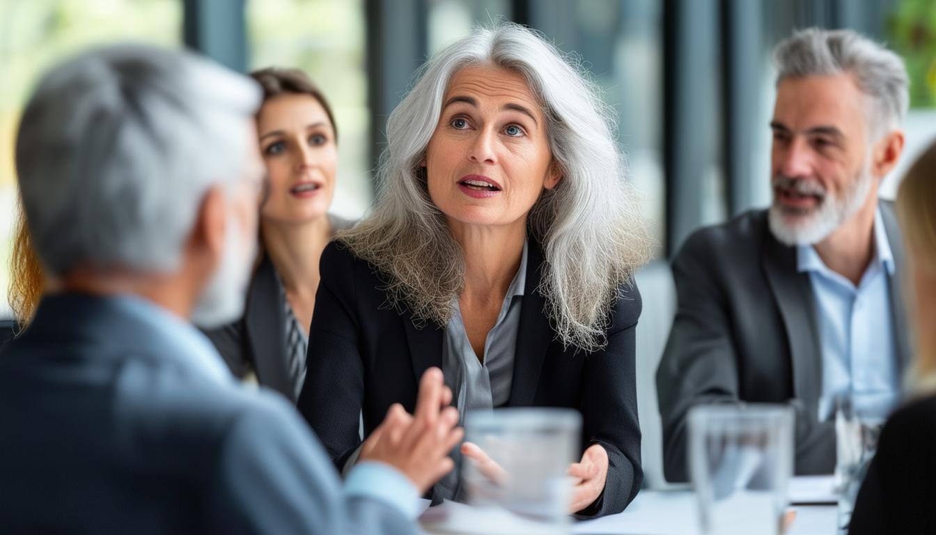 mixed group of senior professionals, men and women around 45 or 50 years old chatting together in a business meeting
